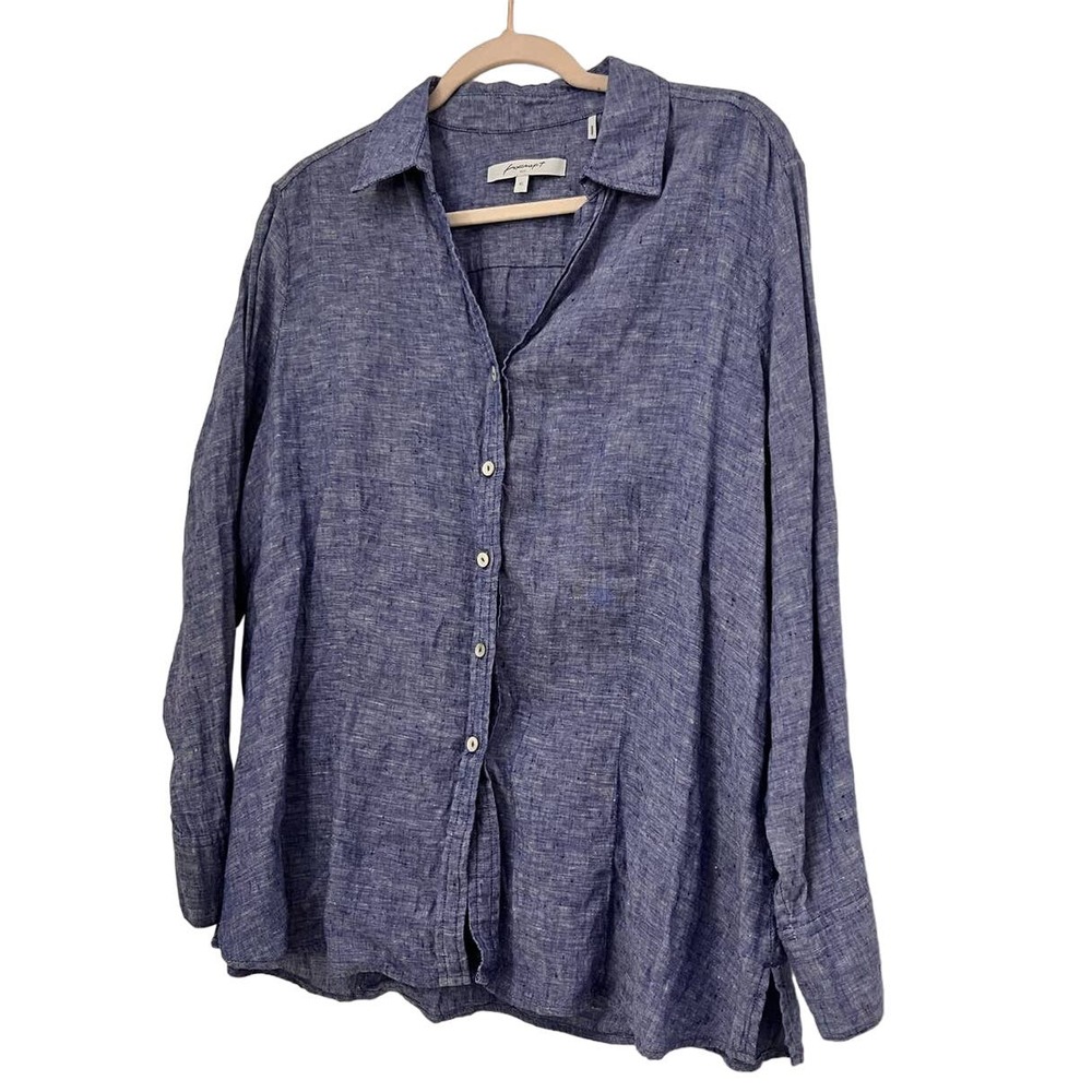 Foxcroft NYC Women’s  Linen Button Down large Blue Split Neck Side Slit Blouse